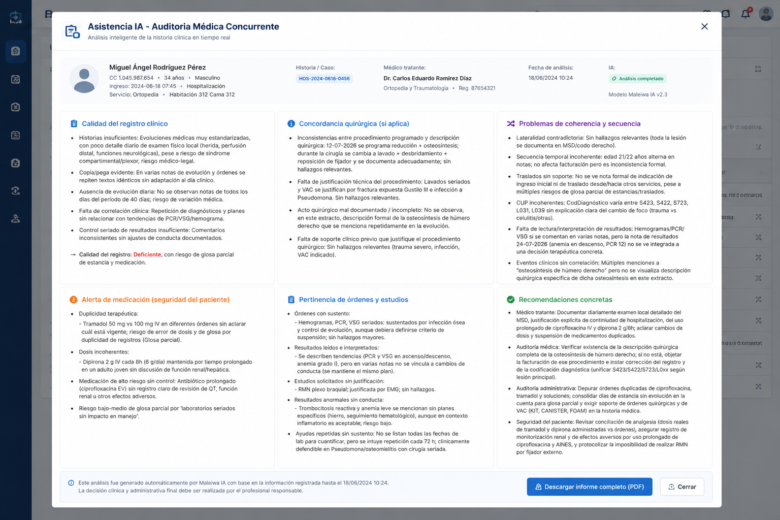 Análisis de auditoría médica concurrente apoyado por inteligencia artificial en Maleiwa